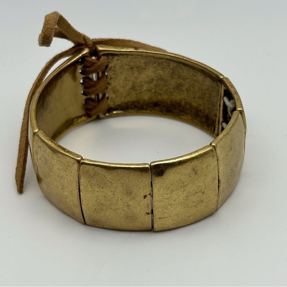 Boho Gold Tone Square Stretch Bracelet with Leather Lace Tie Up Design - Picture 7 of 10